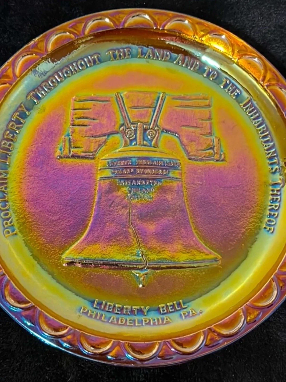 Vintage Indiana Glass Co. Liberty Bell Gold Carnival Glass Bicentennial Plate